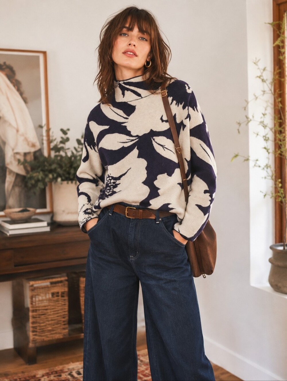 Anthropology Maeve Floral Mock Neck Sweater Navy Cream Oversized Chic SZ: M